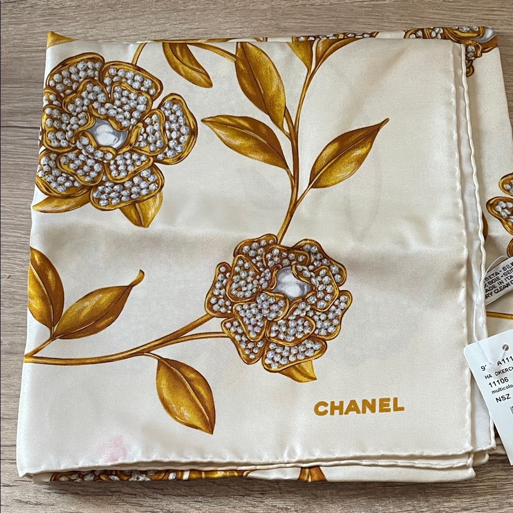 CHANEL Gold and Cream Floral Silk Scarf